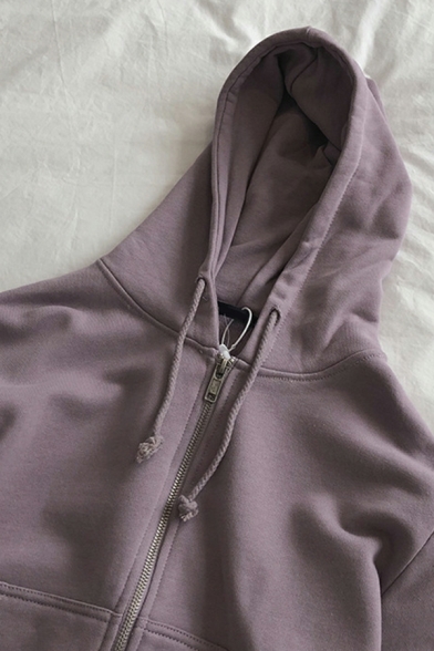 Women Edgy Hoodie Whole Colored Long Sleeves Fitted Pocket Drawstring Zip down Hoodie