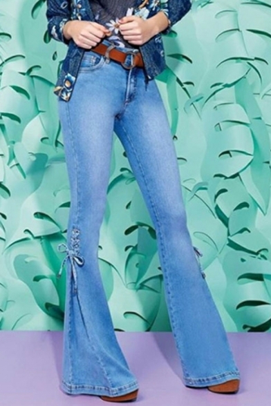 Freestyle Jeans Plain Pocket Tie-up Design Long Length Zip Closure Flare Jeans for Ladies