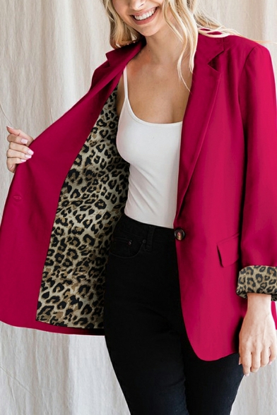 Girl's Cozy Blazer Leopard Printed Lapel Collar Long Sleeves Relaxed Single Button Blazer
