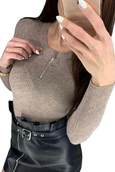 Hot Girls Sweater Plain Slim Fitted Round Neck Long-Sleeved Zip Designed Pullover Sweater