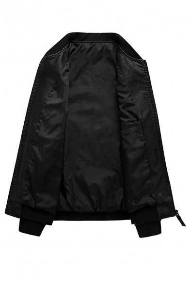 Mens Trendy Jacket Solid Pocket Stand Collar Long Sleeves Regular Zip Down Leather Jacket