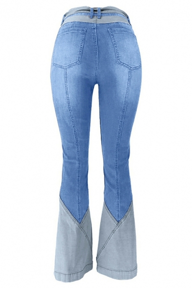 Street Look Ladies Jeans Color Block Bow Detail Full Length High Rise Zip-up Bootcut Jeans