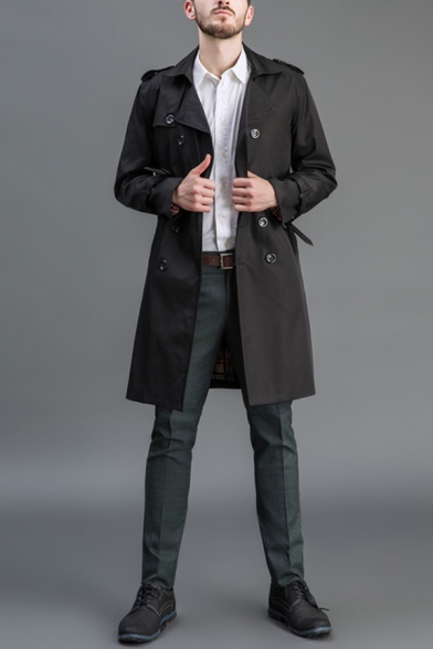 Unique Coat Pure Color Pocket Long Sleeve Double Breasted Lapel Collar Trench Coat for Men