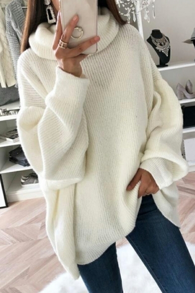 Casual Women Sweater Solid Color Knitted Long Sleeve High Neck Baggy Pullover Sweater
