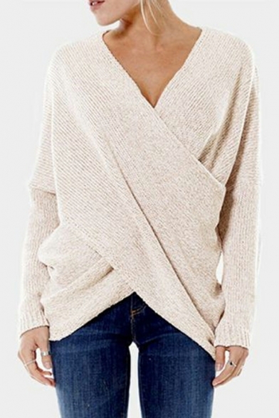 Daily Girl's Sweater Plain Irregular Hem Long Sleeve V Neck Pullover Sweater