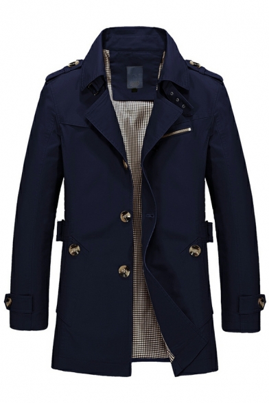 Edgy Coat Whole Colored Long-sleeved Lapel Collar Button Closure Trench Coat for Men