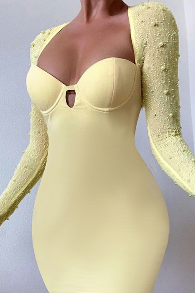 Freestyle Girls Dress Square Neck Slimming Long Sleeves Beading Detail Mini Bodycon Dress