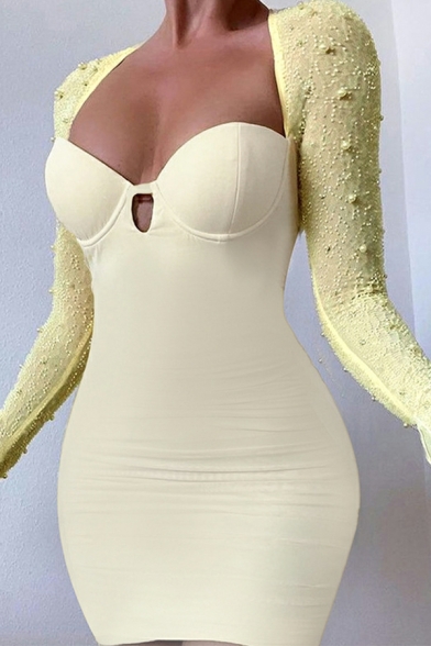 Freestyle Girls Dress Square Neck Slimming Long Sleeves Beading Detail Mini Bodycon Dress