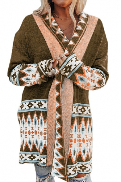 Girlish Cardian Tribal Pattern Long-sleeved Collar Regular Open Front Cardian for Ladies