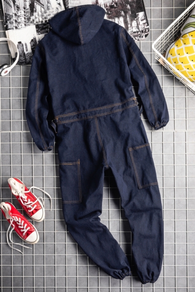 Guys Elegant Coveralls Solid Hooded Long Sleeve Button down Full Length Baggy Coveralls