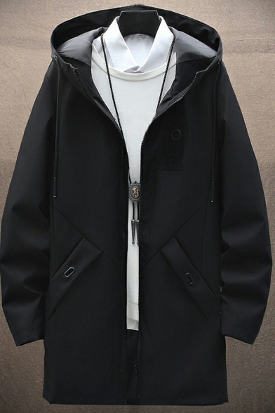 Hooded Winter Trench Coat Pure Color Long Sleeves Zipper Decoration Mens Coat