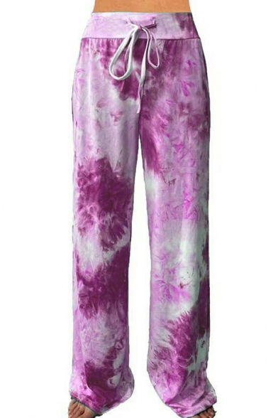 Leisure Women Pants Tie Dyed Printed Drawstring Waist Full Length Loose Fit Wide Leg Pants