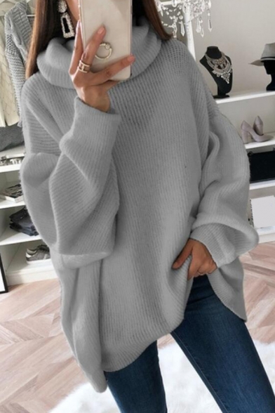Leisure Women Sweater Pure Color Rib Trim Long Sleeve Turtle Neck Baggy Pullover Sweater