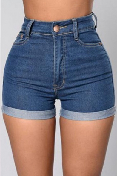 Popular Women's Shorts Pure Color High Waist Pocket Button Fly Denim Turn up Shorts