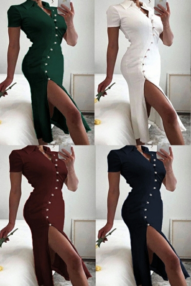 Simple Women Dress Pure Color Short Sleeve Spread Collar Slit Design Midi Shirt Dress