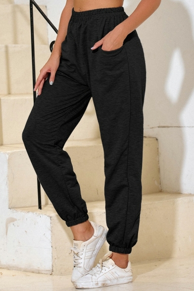 Sports Trousers Women's Casual Elastic Waist Solid Color Sports Trousers