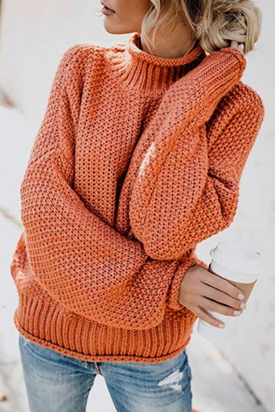 Stylish Girls Sweater Solid Long Sleeves Rib Hem Mock Neck Relaxed Pullover Sweater