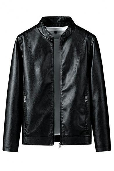Urban Mens Jacket Solid Pocket Stand Collar Long Sleeve Fitted Zip Closure Leather Jacket