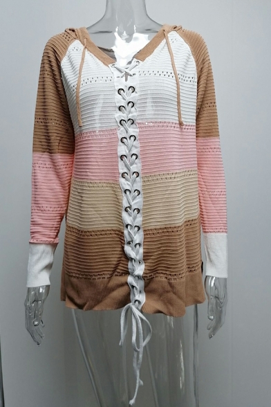 Vintage Ladies Sweater Contrast Color Hooded Drawstring Relaxed Cross Tie Pullover Sweater