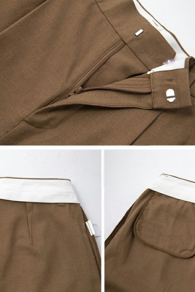 Vintage Pants Pocket Plain High Rise Ankle Length Straight Zip Placket Pants for Ladies