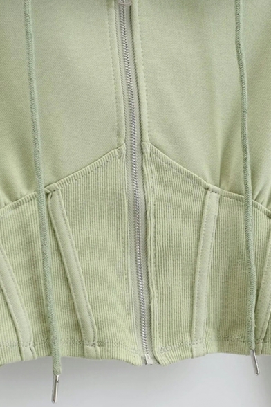 Women Fashionable Hoodie Plain Long-Sleeved Regular Drawstring Zip Placket Crop Hoodie