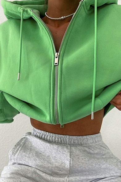 Women's Fashion Hooded Sweatshirt Short Solid Color Zipper Cardigan Sweatshirt