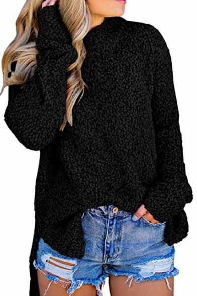 Basic Knitwear Whole Colored Long Sleeves Round Collar Fitted Pullover Sweater for Women