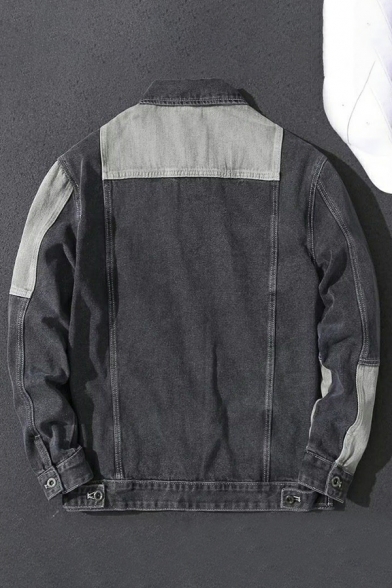 Cool Denim Jacket for Men Loose Fit Long Sleeves Contrast Trim Splicing Denim Jacket