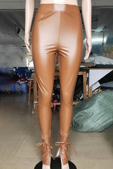 Edgy Ladies Pants Solid Split Front Slim Elastic High Waist Long Length Ribbons PU Pants