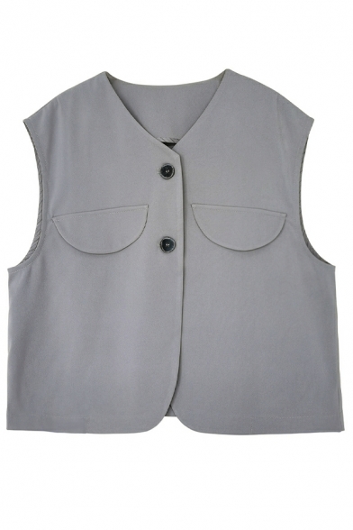 Fashion Plain Vest V-neck Chest Pocket Regular Button Closure Crop Vest for Girls