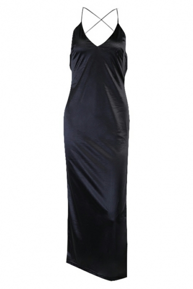 Original Ladies Dress Pure Color Spaghetti Straps Backless Slit Designed Midi Slip Dress