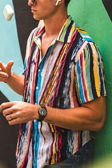 Short Sleeve Shirt Men's Hawaiian Beach Geometric Stripe Button Up Shirt