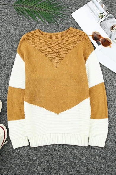 Trendy Sweater Color Block Long Sleeves Round Neck Fitted Pullover Sweater for Girls