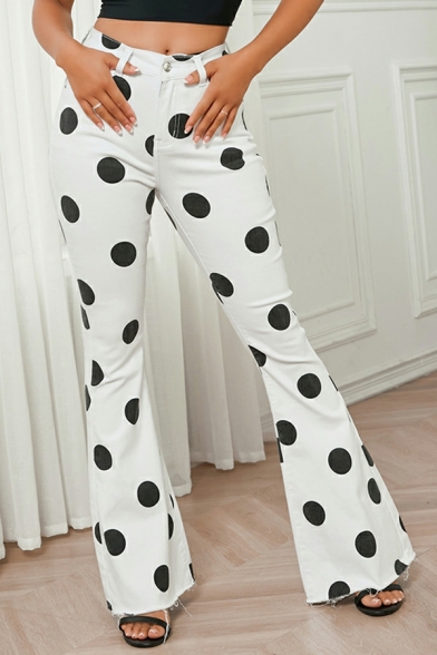 Women Cozy Jeans Polka Dots Printed Long Length Mid Rise Zip down Bootcut Jeans
