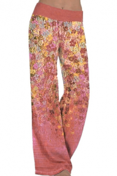 Women Dashing Pants Floral Pattern Mid Rise Full Length Elastic Waist Wide Leg Pants