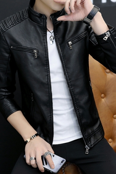 Chic Jacket Solid Pocket Stand Collar Regular Long Sleeves Zip Fly Leather Jacket for Men