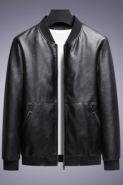 Cool Mens Coat Pure Color Pocket Detail Stand Collar Long-Sleeved Zipper Leather Coat