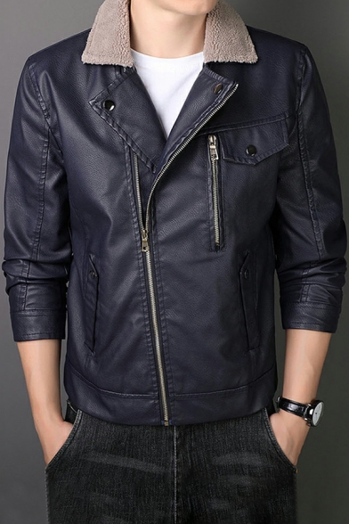 Fancy Men Coat Plain Pocket Lapel Collar Long Sleeve Regular Zip Closure Leather Coat