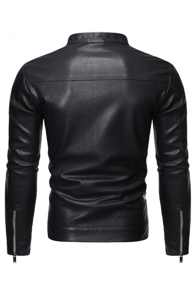 Fancy Men Coat Pure Color Stand Collar Long Sleeve Skinny Zip Closure Leather Jacket