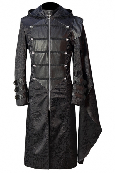 Leisure Men Jacket Solid Button Design Long Irregular Sleeve Hooded Zip Fly Leather Jacket