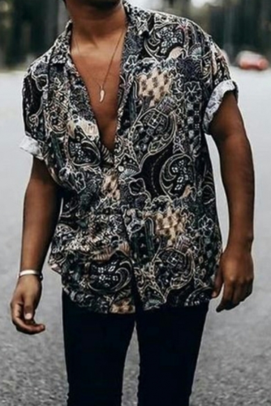 Men's Casual Shirt Summer Fashion Pattern Short Sleeve Button Up Shirt