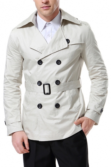 Mens Elegant Coat Solid Lapel Collar Regular Long Sleeves Double Breasted Trench Coat