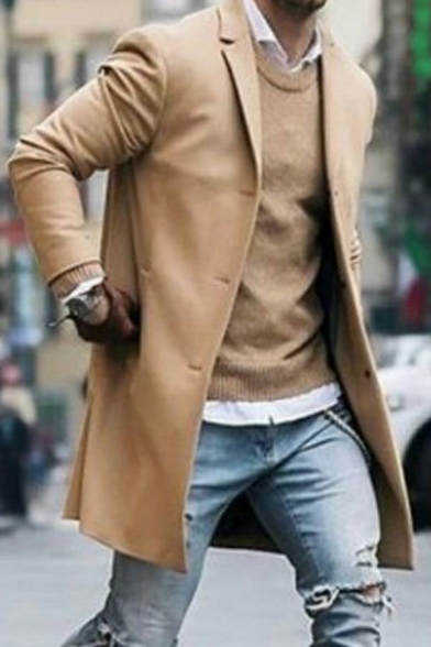 Modern Guy's Coat Whole Colored Lapel Collar Long Sleeve Single-Breasted Trench Coat