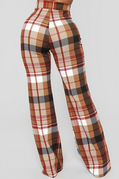 Plaid Trousers Fashion Women's Casual High Waist Flared Trousers