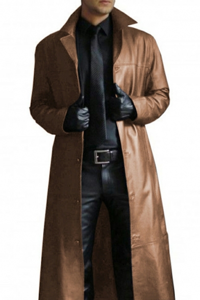 Popular Guys Jacket Plain Long Sleeves Regular Fit Zipper Lapel Collar Longline PU Jacket