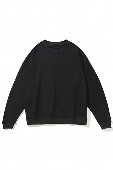 Basic Men's Sweatshirt Pure Color Round Collar Long Sleeve Regular Fit Pullover Sweatshirt