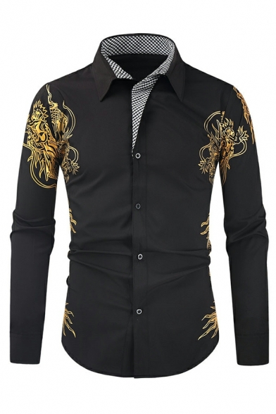 Dashing Shirt Bronzing Pattern Stand Collar Slim Fitted Long-Sleeved Button Placket Shirt