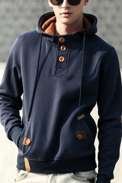 Fashion Hoodie Whole Colored Drawstrings Hooded Long Sleeve Button Design Hoodie for Men