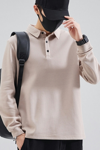 Men Urban Polo Shirt Plain Button Turn-down Collar Fitted Long Sleeves Polo Shirt