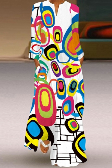 Modern Dress 3D Pattern Round Neck Long Sleeve Maxi Swing Dress for Girls